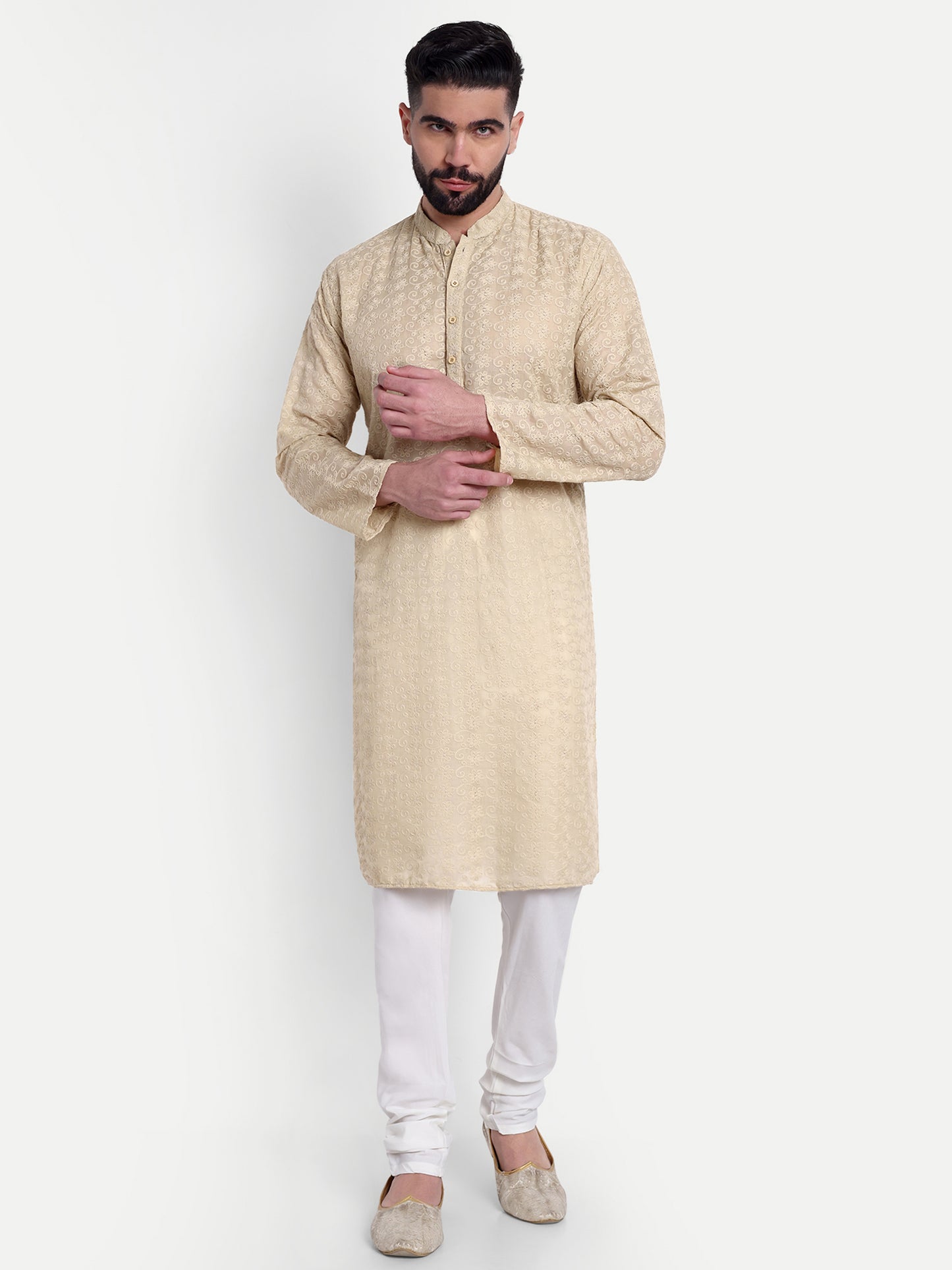 Beige Chikankari Kurta Pyjama Set for Men – Cotton Blend Ethnic Wear | Elegant Traditional Outfit