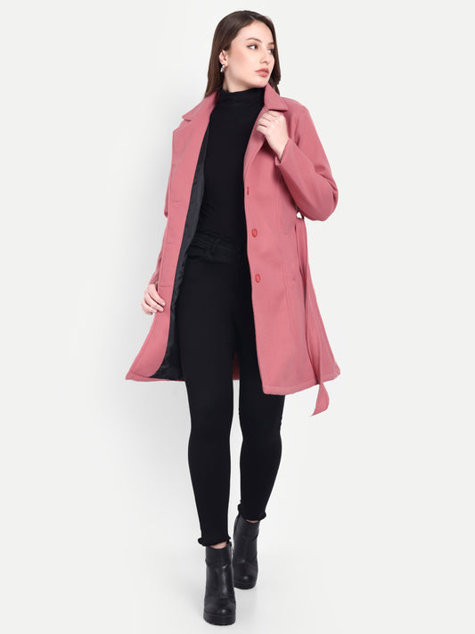 Excent Women’s Woollen Regular Coat with Belt – Elegant Winter Wear | Coral Pink