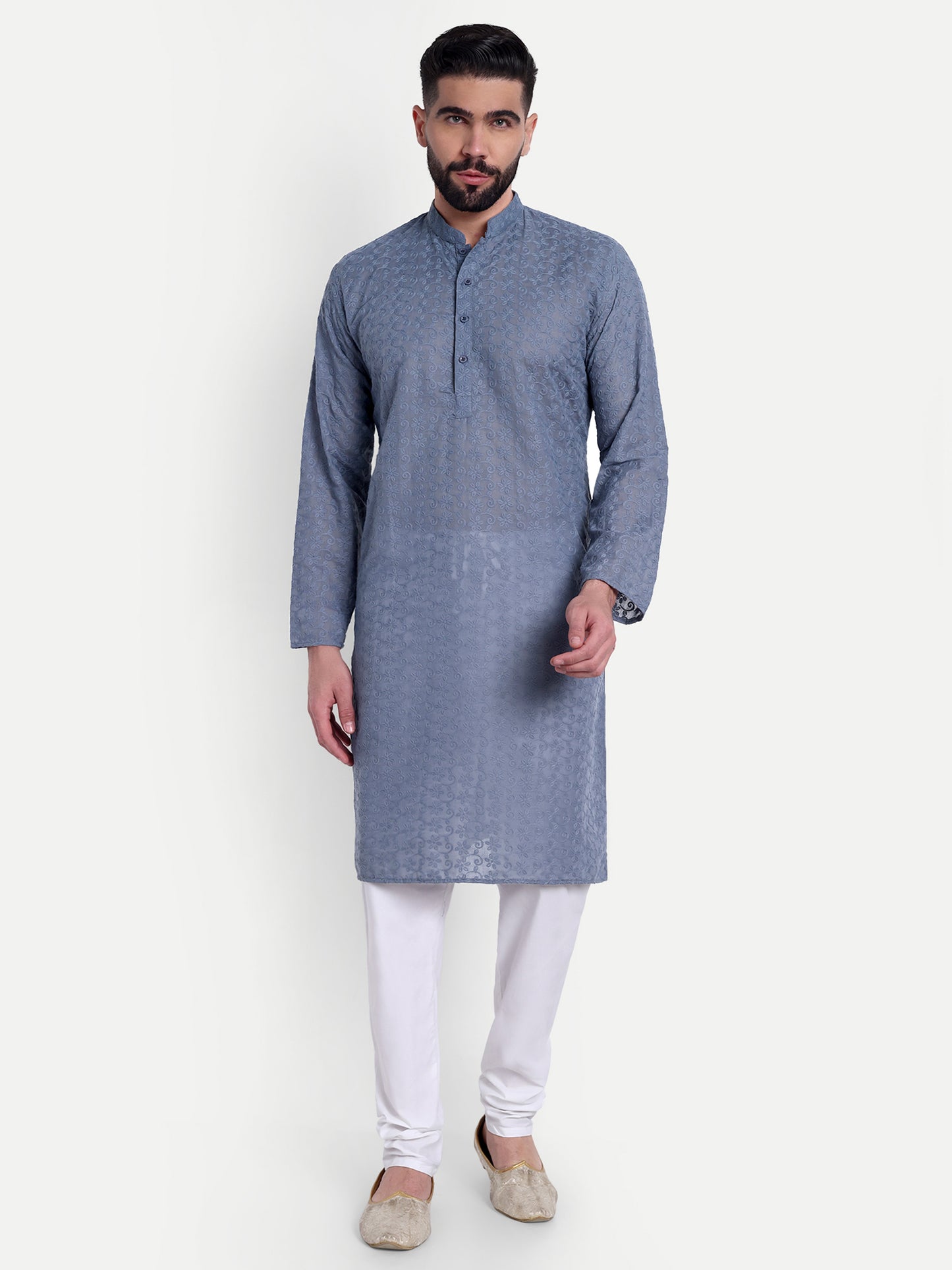 Grey Chikankari Kurta Pyjama Set for Men – Cotton Blend Ethnic Wear | Elegant Traditional Outfit