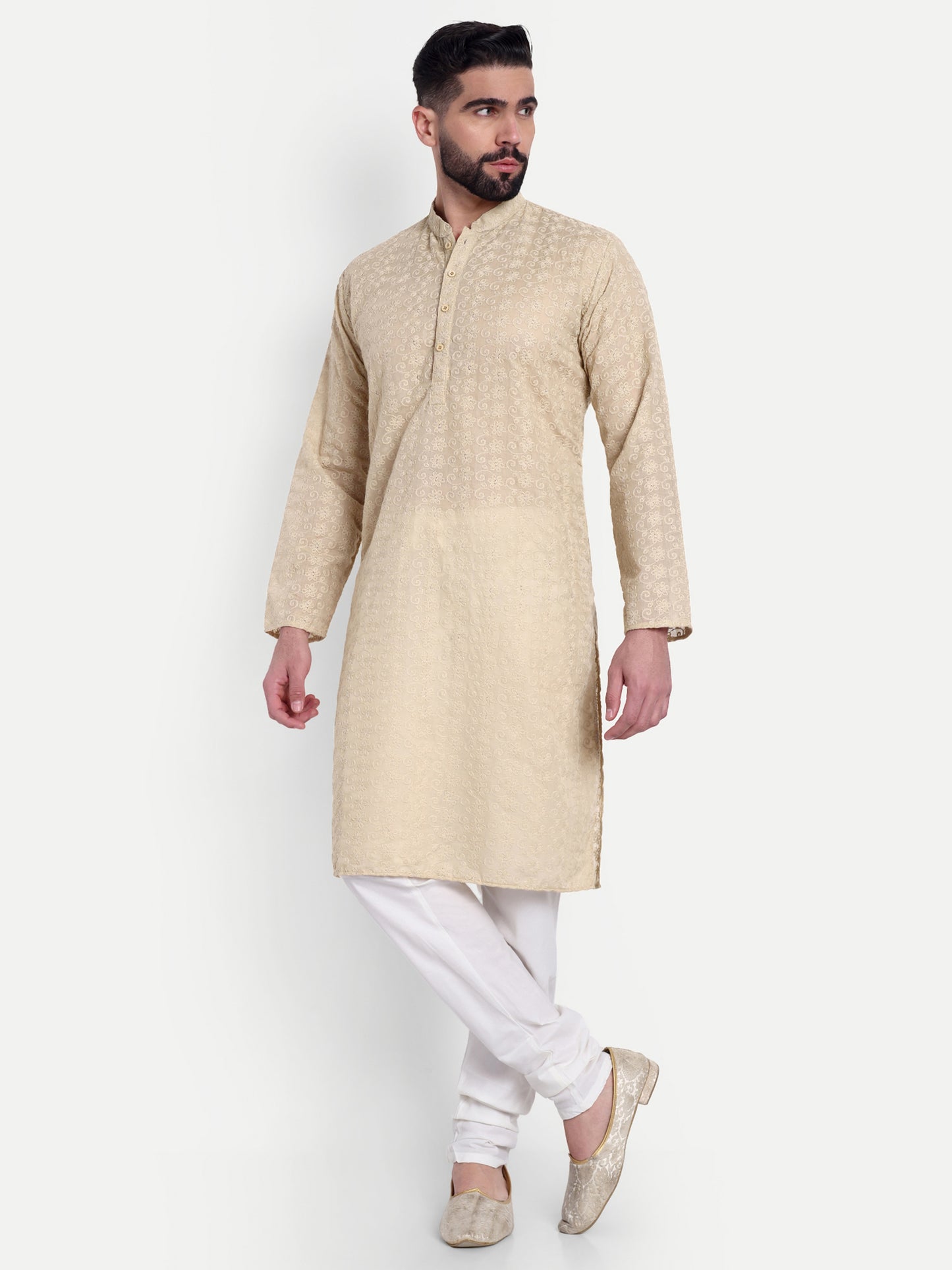 Beige Chikankari Kurta Pyjama Set for Men – Cotton Blend Ethnic Wear | Elegant Traditional Outfit
