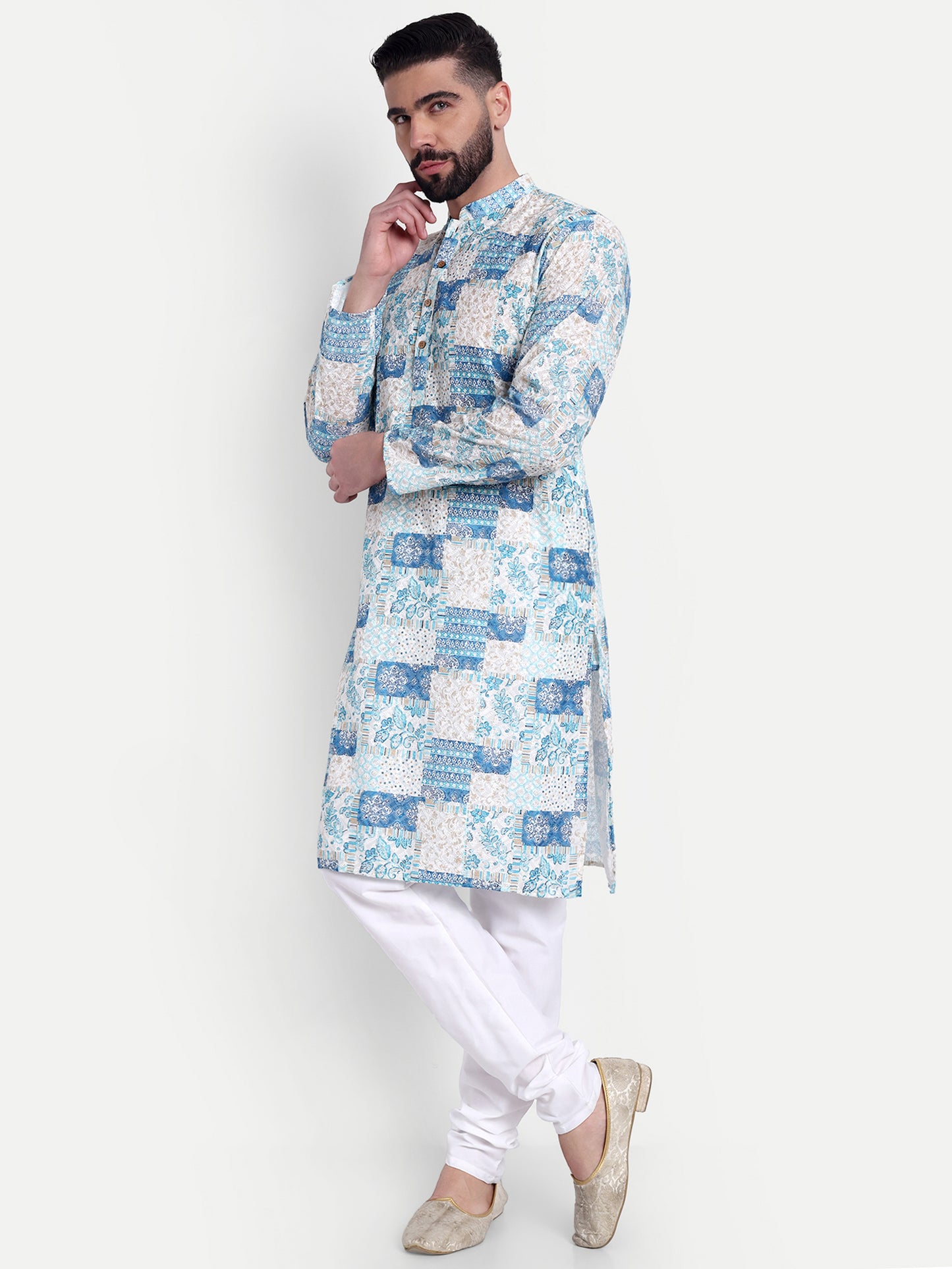 Premium Light Blue Patch-Printed Kurta Pajama Set for Men with Subtle Sequin Embellishments – Elegant Ethnic Wear for All Occasions
