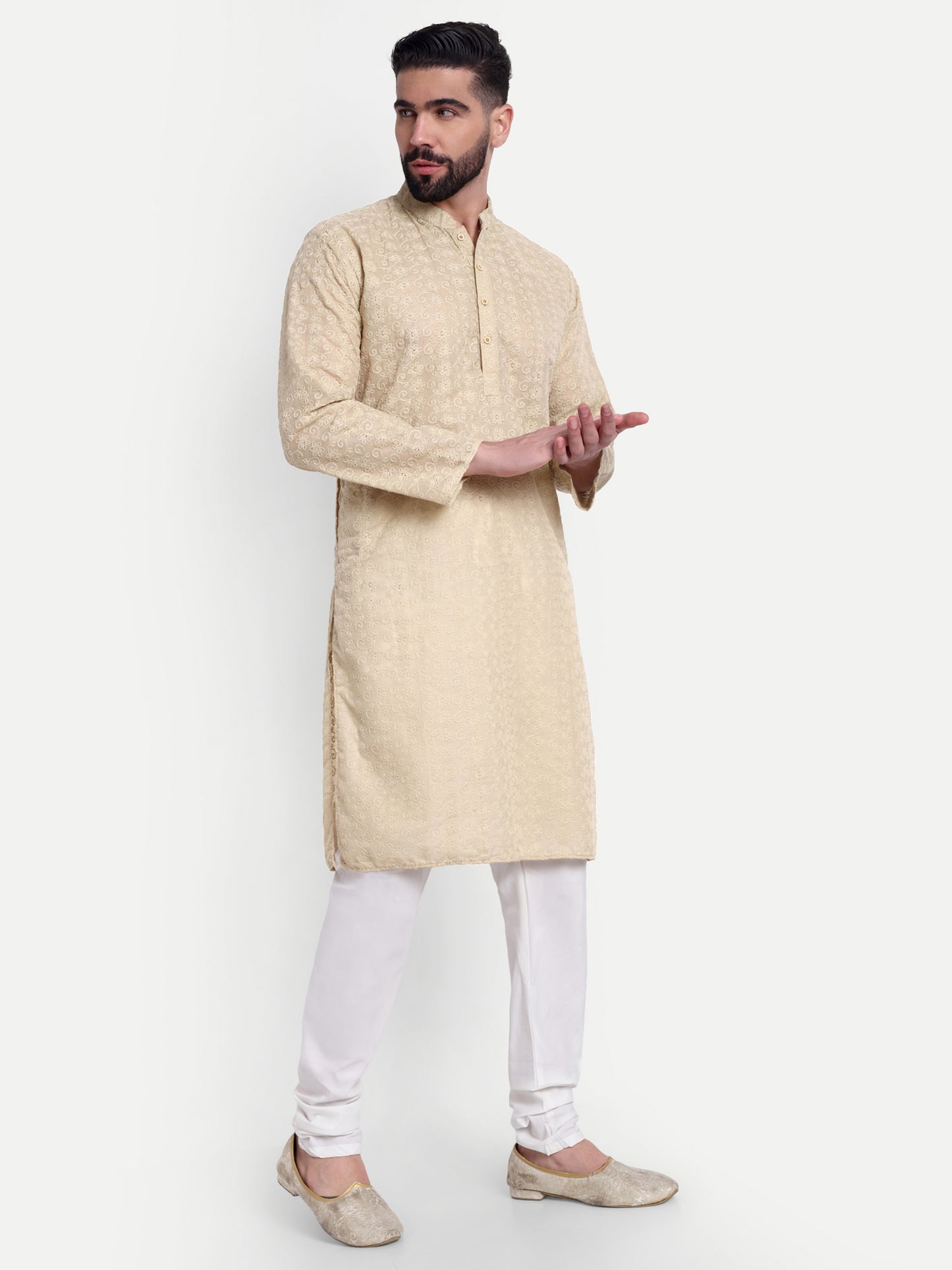 Beige Chikankari Kurta Pyjama Set for Men – Cotton Blend Ethnic Wear | Elegant Traditional Outfit
