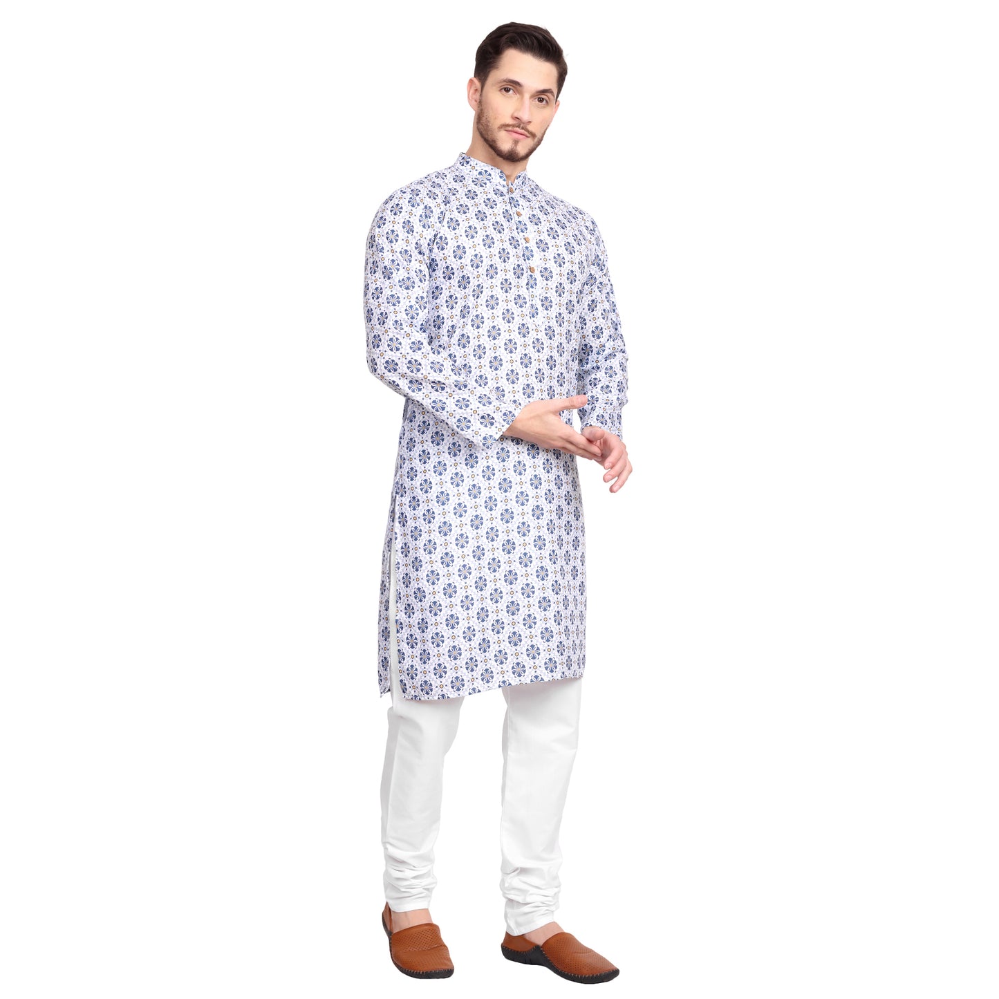 Elegant White & Blue Printed Kurta Pajama Set for Men | Festive & Traditional Occasions