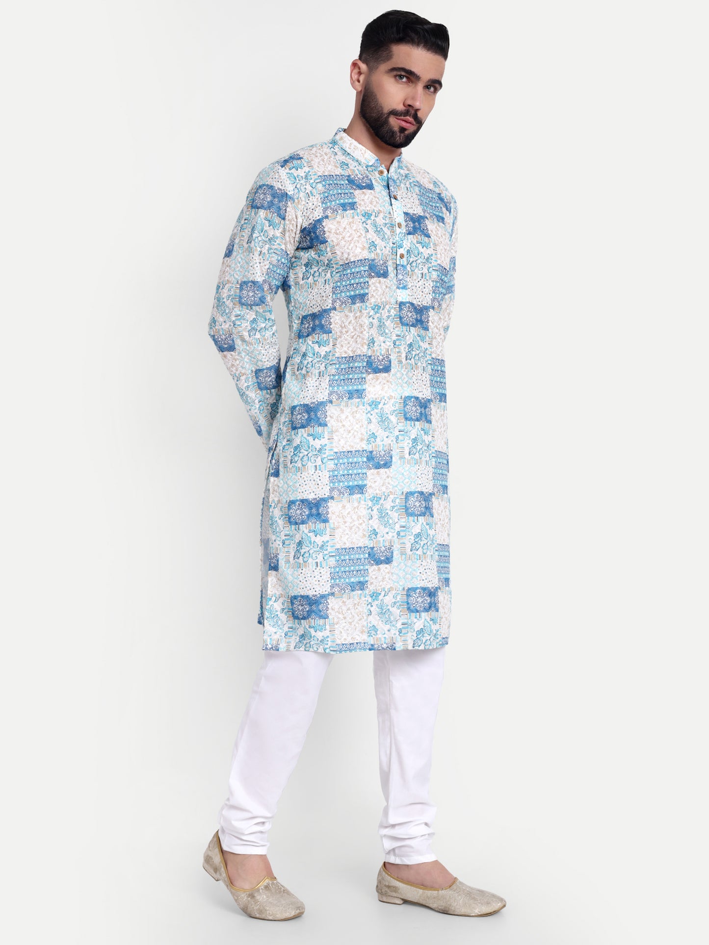 Premium Light Blue Patch-Printed Kurta Pajama Set for Men with Subtle Sequin Embellishments – Elegant Ethnic Wear for All Occasions