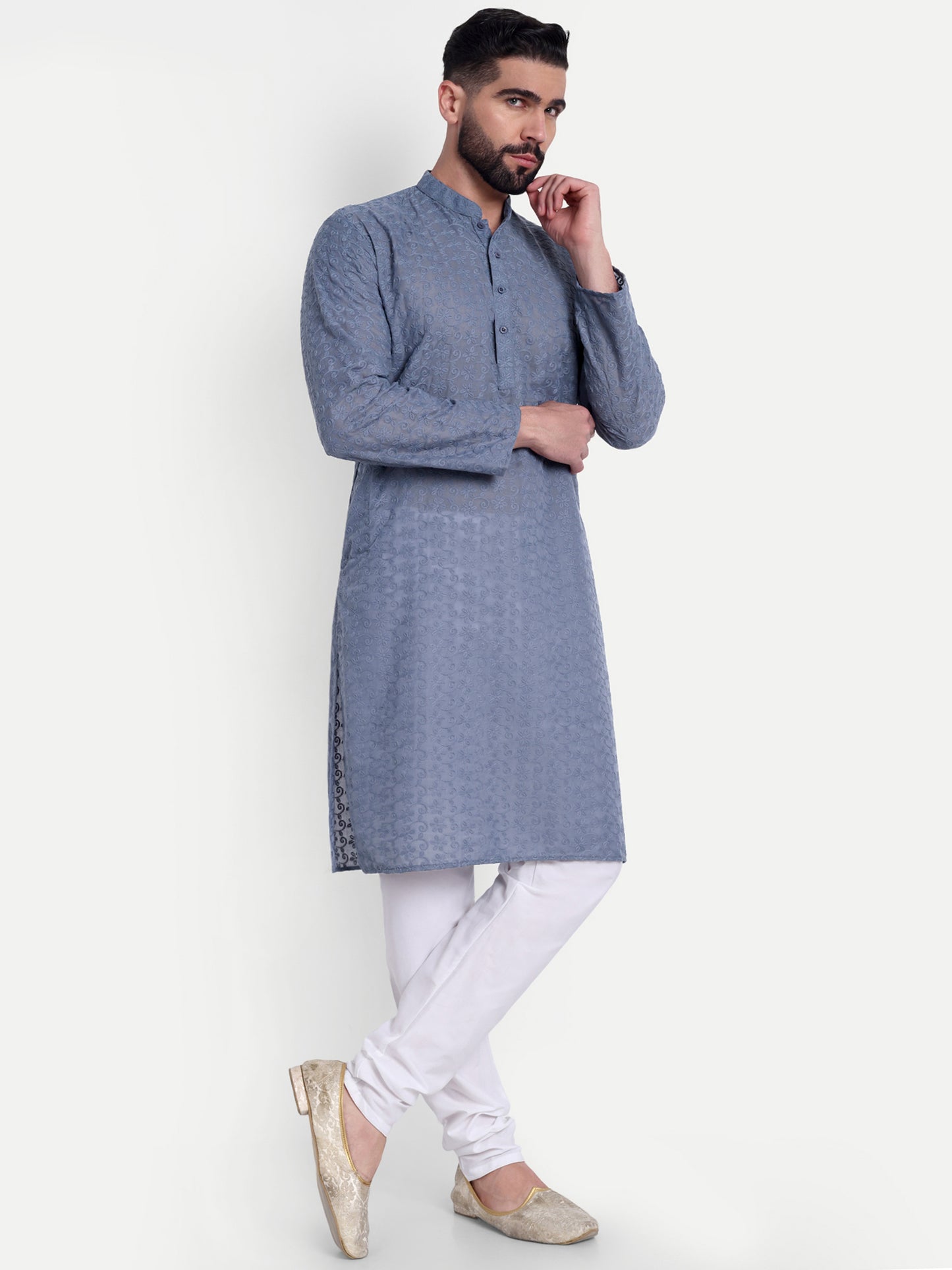 Grey Chikankari Kurta Pyjama Set for Men – Cotton Blend Ethnic Wear | Elegant Traditional Outfit
