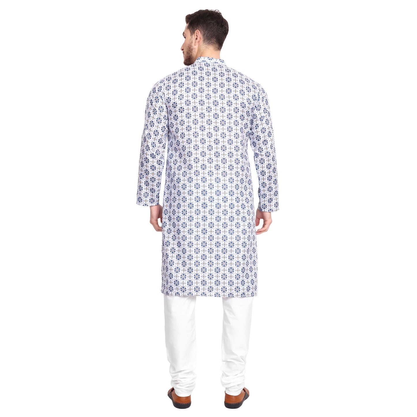Elegant White & Blue Printed Kurta Pajama Set for Men | Festive & Traditional Occasions