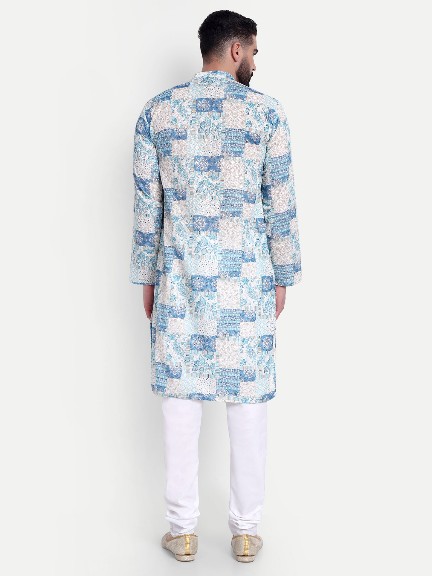Premium Light Blue Patch-Printed Kurta Pajama Set for Men with Subtle Sequin Embellishments – Elegant Ethnic Wear for All Occasions