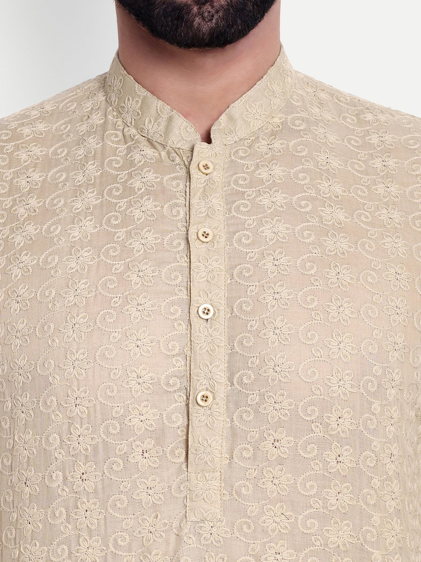 Beige Chikankari Kurta Pyjama Set for Men – Cotton Blend Ethnic Wear | Elegant Traditional Outfit