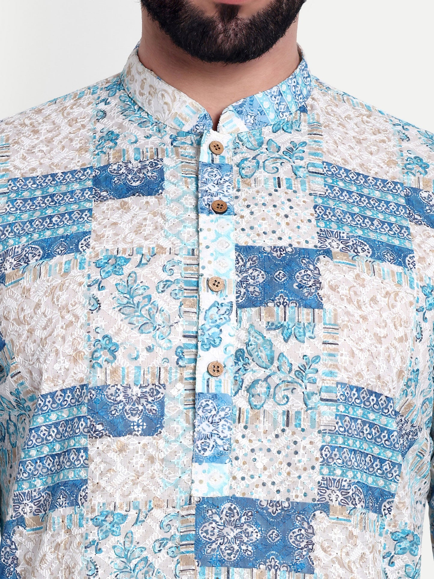 Premium Light Blue Patch-Printed Kurta Pajama Set for Men with Subtle Sequin Embellishments – Elegant Ethnic Wear for All Occasions
