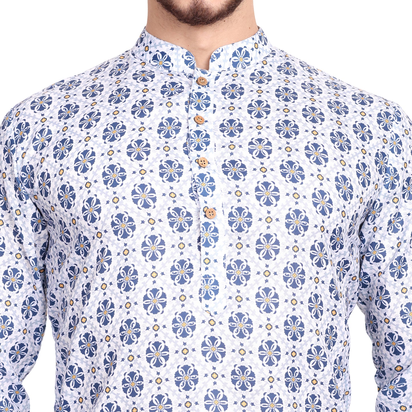 Elegant White & Blue Printed Kurta Pajama Set for Men | Festive & Traditional Occasions