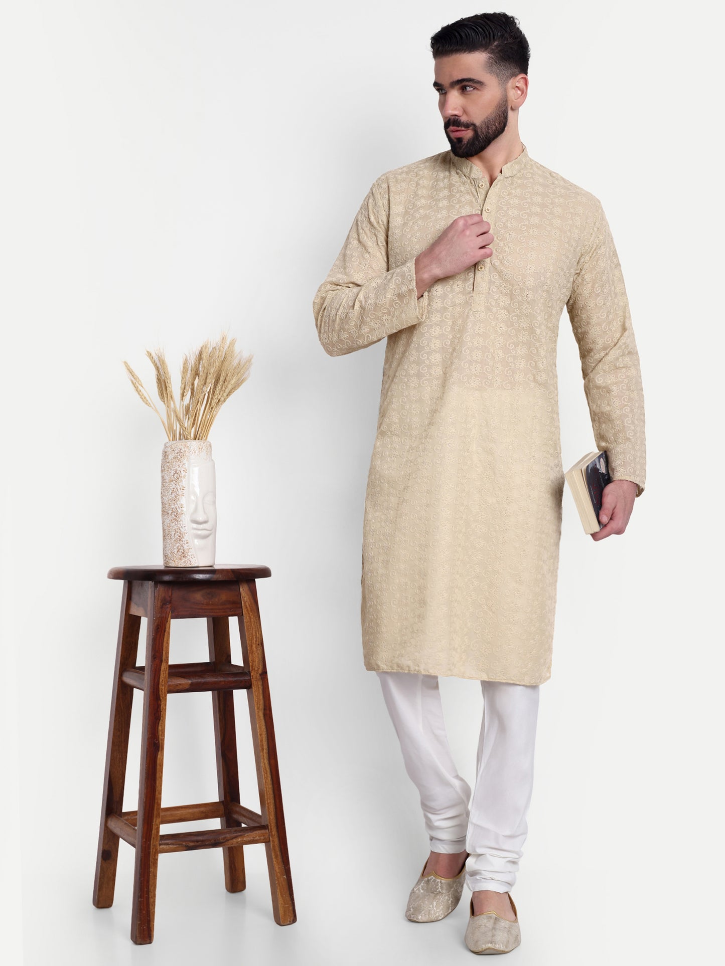 Beige Chikankari Kurta Pyjama Set for Men – Cotton Blend Ethnic Wear | Elegant Traditional Outfit