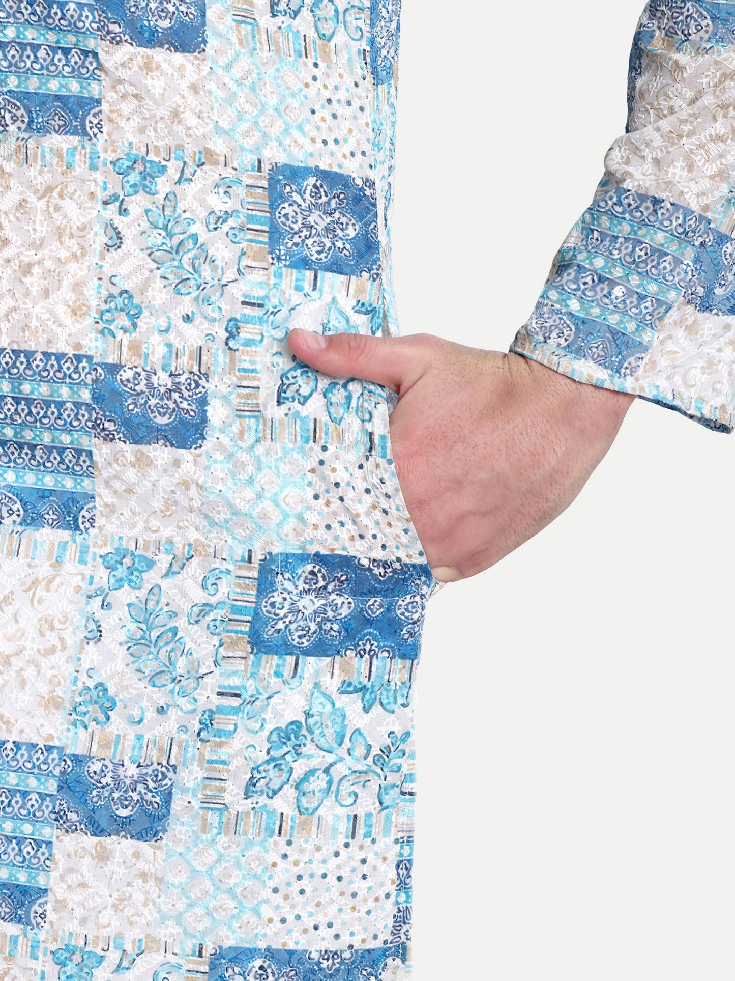 Premium Light Blue Patch-Printed Kurta Pajama Set for Men with Subtle Sequin Embellishments – Elegant Ethnic Wear for All Occasions