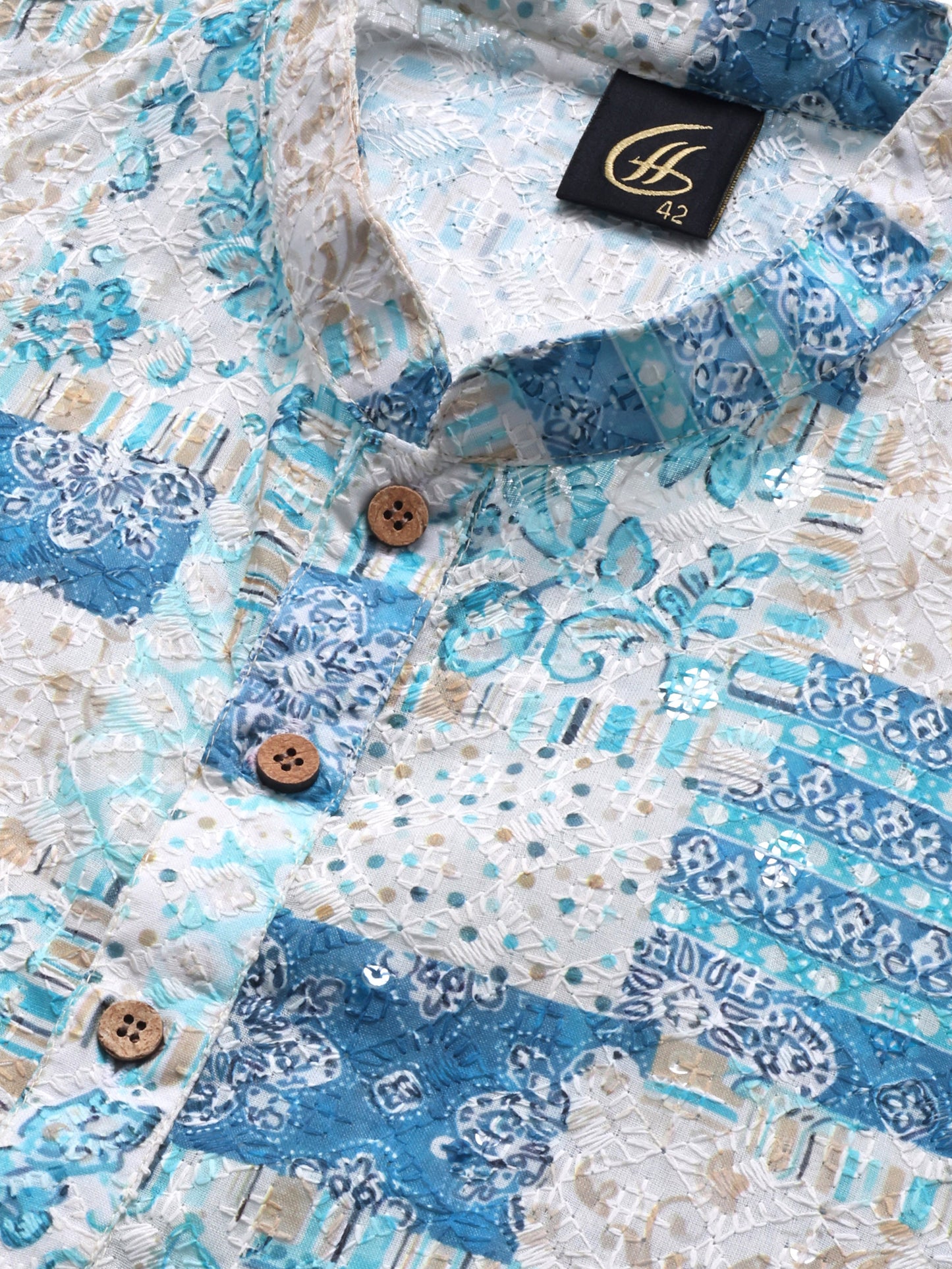 Premium Light Blue Patch-Printed Kurta Pajama Set for Men with Subtle Sequin Embellishments – Elegant Ethnic Wear for All Occasions
