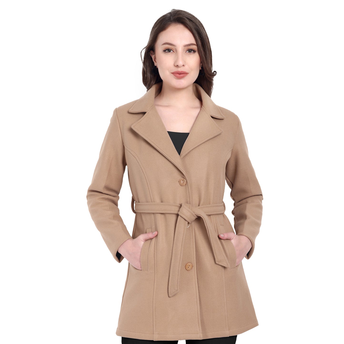 Excent Women’s Woollen Regular Coat with Belt – Elegant Winter Wear | CAMEL BEIGE