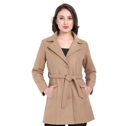 Excent Women’s Woollen Regular Coat with Belt – Elegant Winter Wear | CAMEL BEIGE
