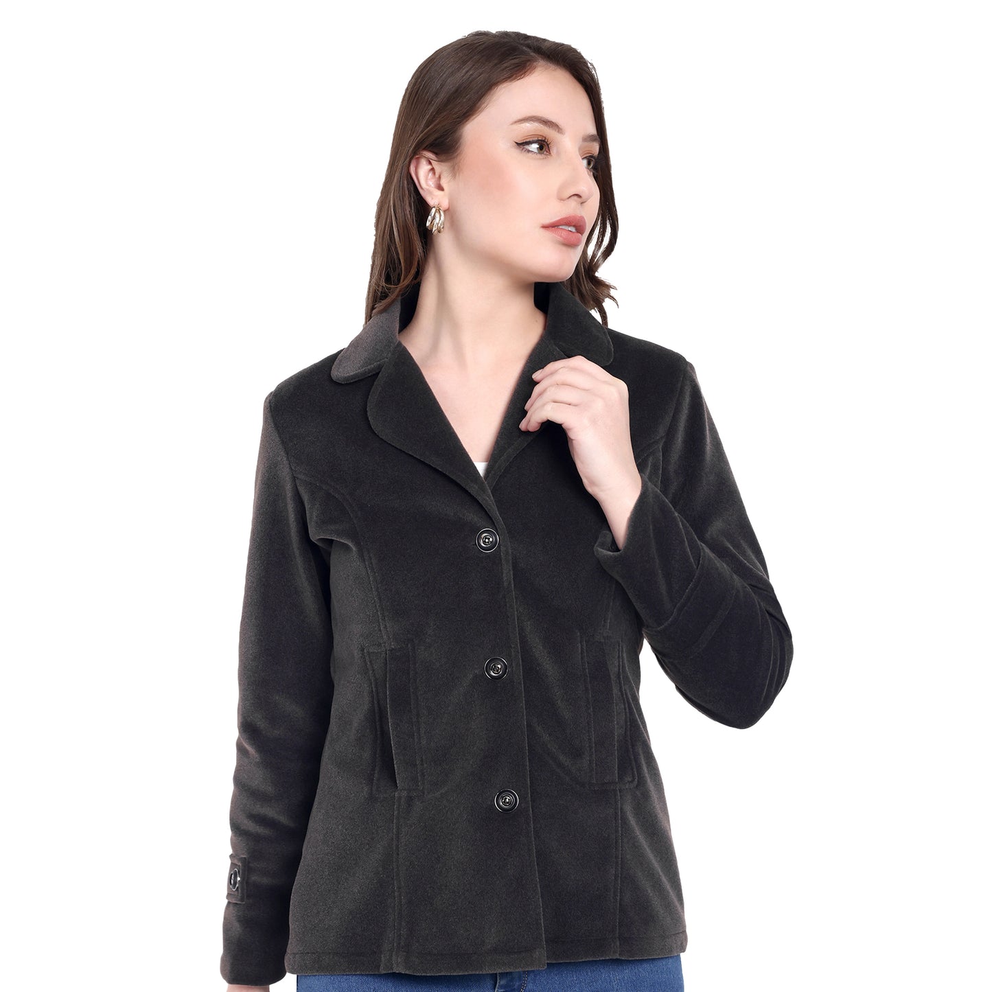 Excent Women’s Fur Velvet Short Winter Coat – Elegant Buttoned Jacket in Dark Grey | Soft, Warm & Stylish