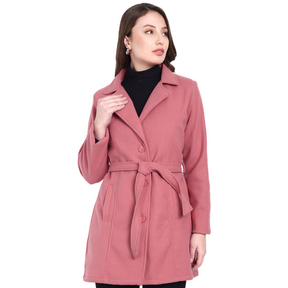 Excent Women’s Woollen Regular Coat with Belt – Elegant Winter Wear | Coral Pink
