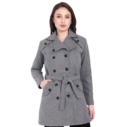 Excent Women’s Woollen Tweed Belted Coat – Classic Double-Breasted Winter Wear | Drak Grey
