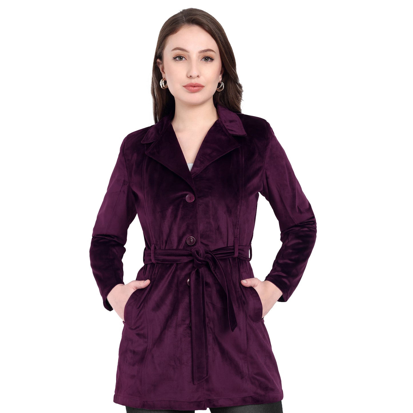 Excent Women’s Velvet Long Coat – Elegant Belted Winter Jacket in Purple| Premium Soft Velvet Overcoat for Women