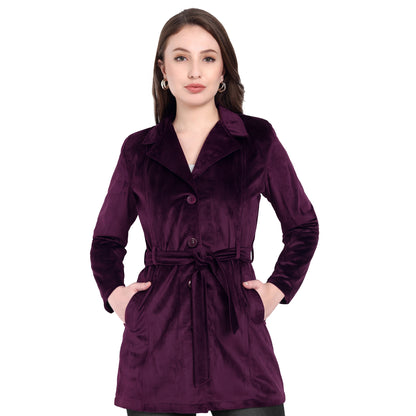 Excent Women’s Velvet Long Coat – Elegant Belted Winter Jacket in Purple| Premium Soft Velvet Overcoat for Women