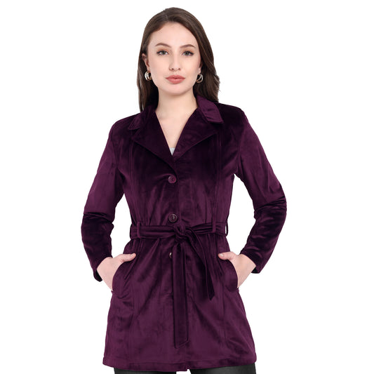 Excent Women’s Velvet Long Coat – Elegant Belted Winter Jacket in Purple| Premium Soft Velvet Overcoat for Women