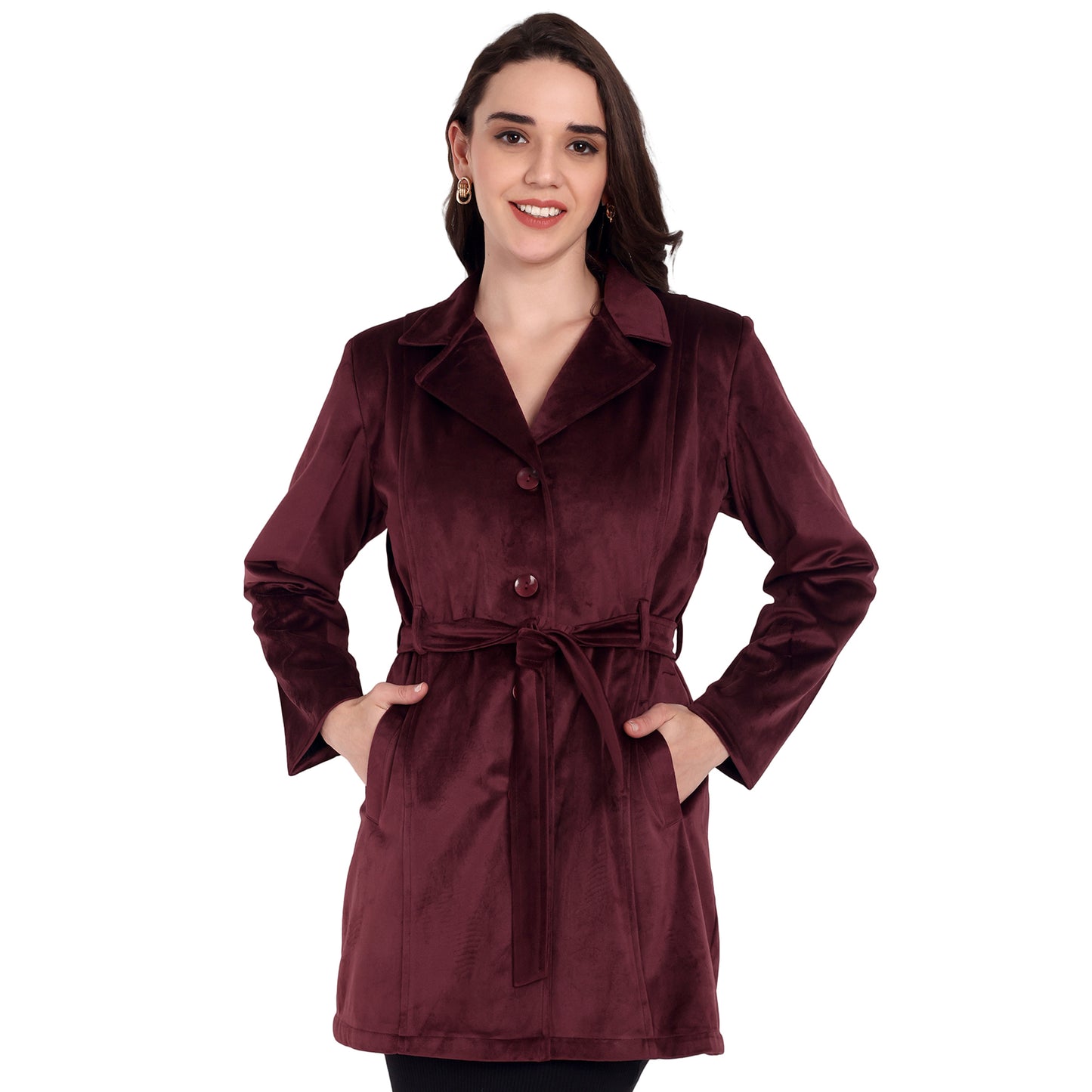 Excent Women’s Velvet Long Coat – Elegant Belted Winter Jacket in Wine | Premium Soft Velvet Overcoat for Women