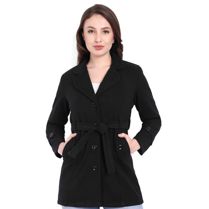 Excent Women’s Woollen Tweed Belted Coat – Classic Long Winter Jacket in Black| Elegant Warm Overcoat for Women