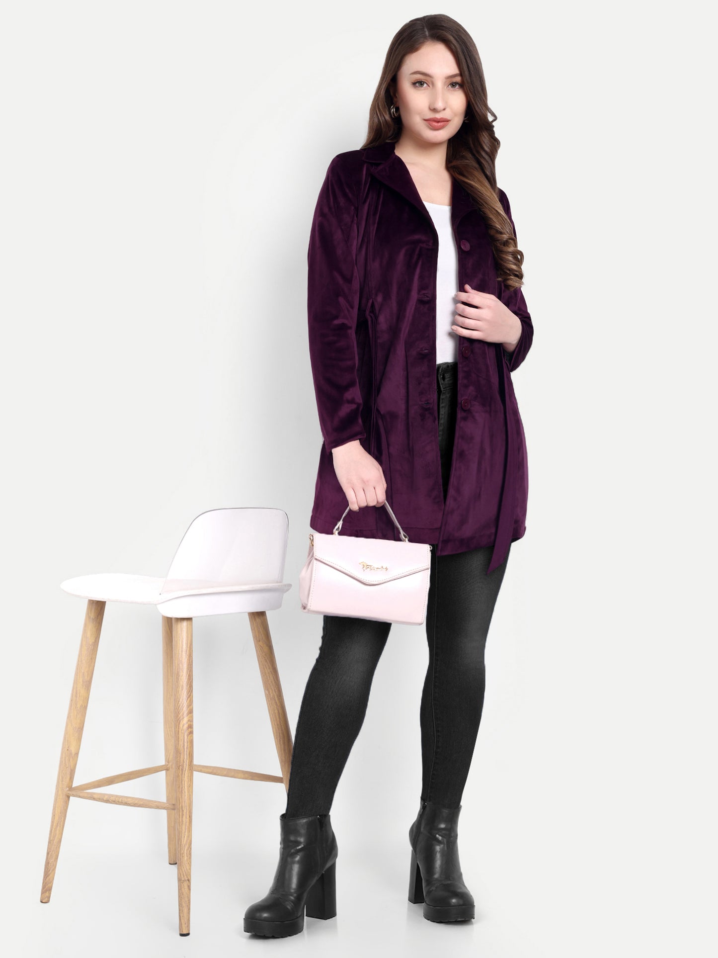 Excent Women’s Velvet Long Coat – Elegant Belted Winter Jacket in Purple| Premium Soft Velvet Overcoat for Women