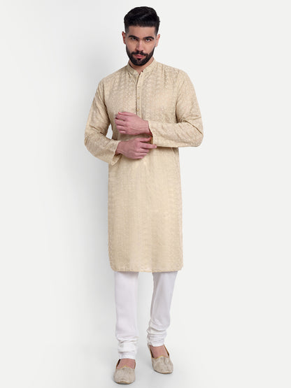Beige Chikankari Kurta Pyjama Set for Men – Cotton Blend Ethnic Wear | Elegant Traditional Outfit