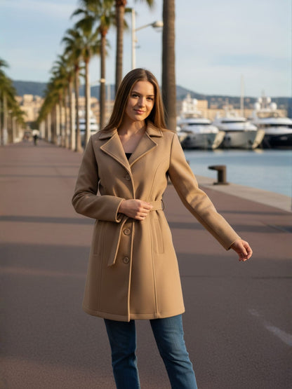 Excent Women’s Woollen Regular Coat with Belt – Elegant Winter Wear | CAMEL BEIGE