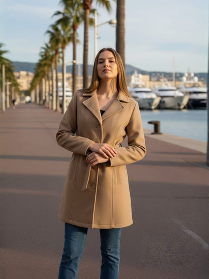 Excent Women’s Woollen Regular Coat with Belt – Elegant Winter Wear | CAMEL BEIGE