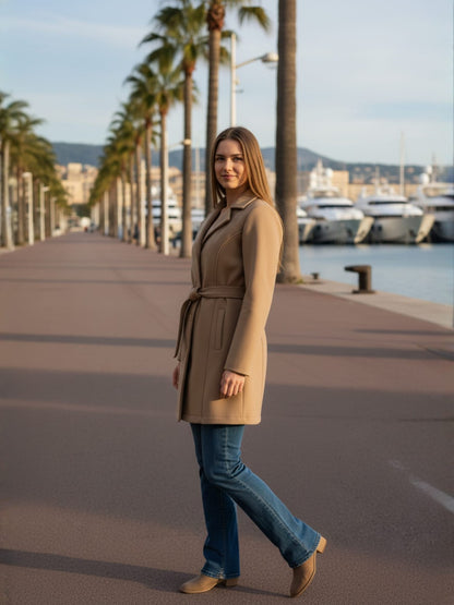 Excent Women’s Woollen Regular Coat with Belt – Elegant Winter Wear | CAMEL BEIGE