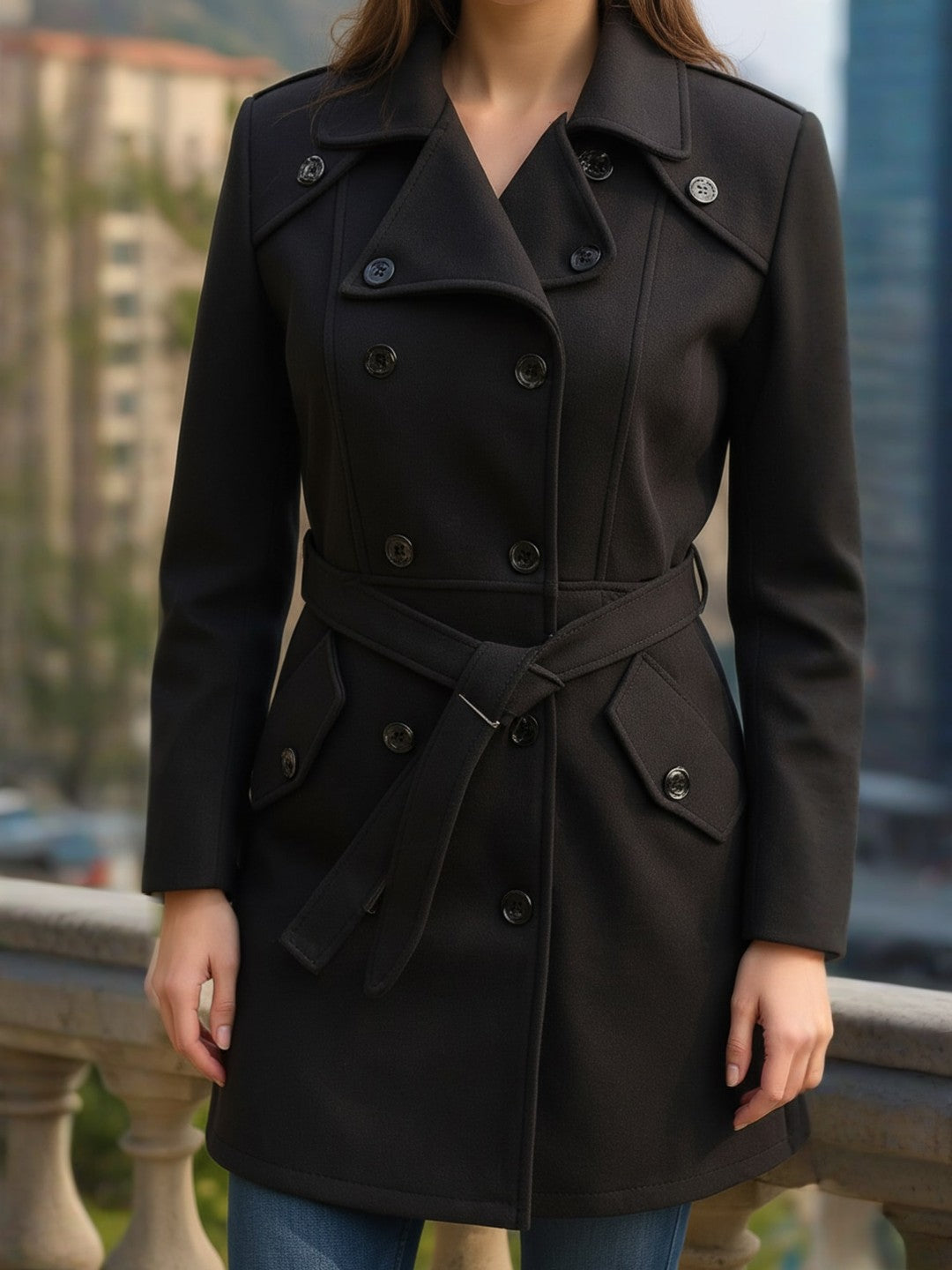 Excent Women’s Woollen Tweed Belted Coat – Classic Double-Breasted Winter Wear | Black