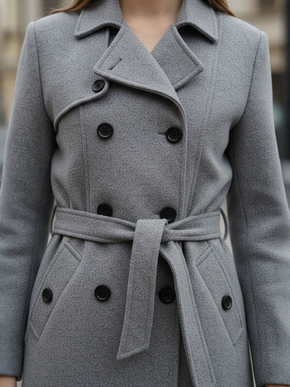 Excent Women’s Woollen Tweed Belted Coat – Classic Double-Breasted Winter Wear | Drak Grey