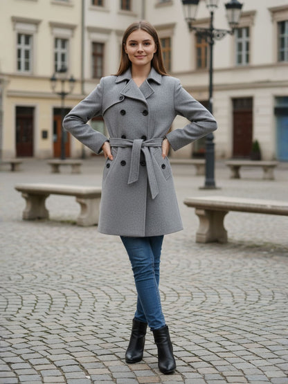 Excent Women’s Woollen Tweed Belted Coat – Classic Double-Breasted Winter Wear | Drak Grey