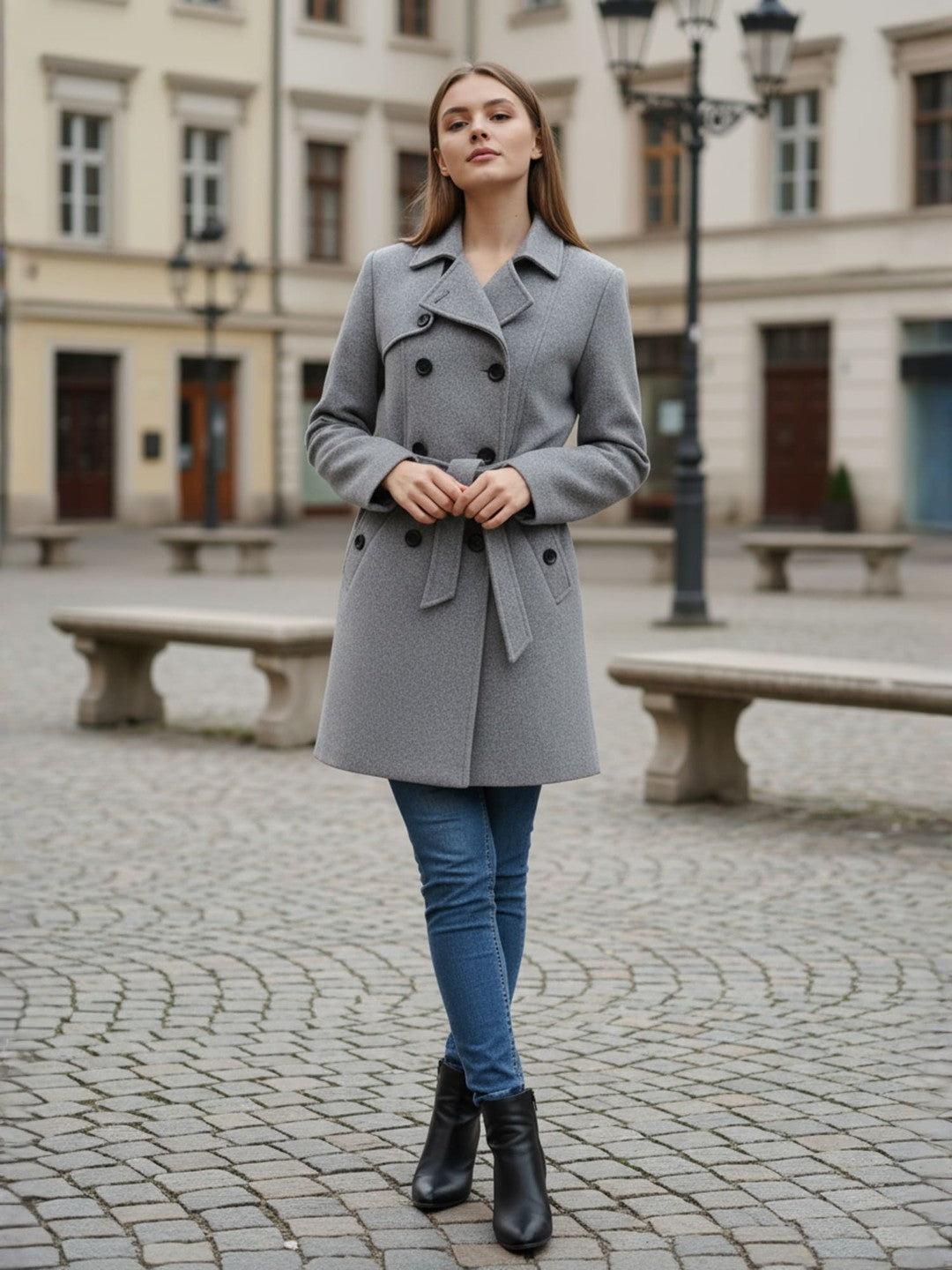 Excent Women’s Woollen Tweed Belted Coat – Classic Double-Breasted Winter Wear | Drak Grey