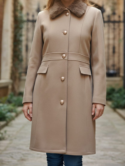 Excent Women’s Woollen Tweed Coat with Faux Fur Collar – Elegant Winter Coat | Camel Beige | Sizes S–XL