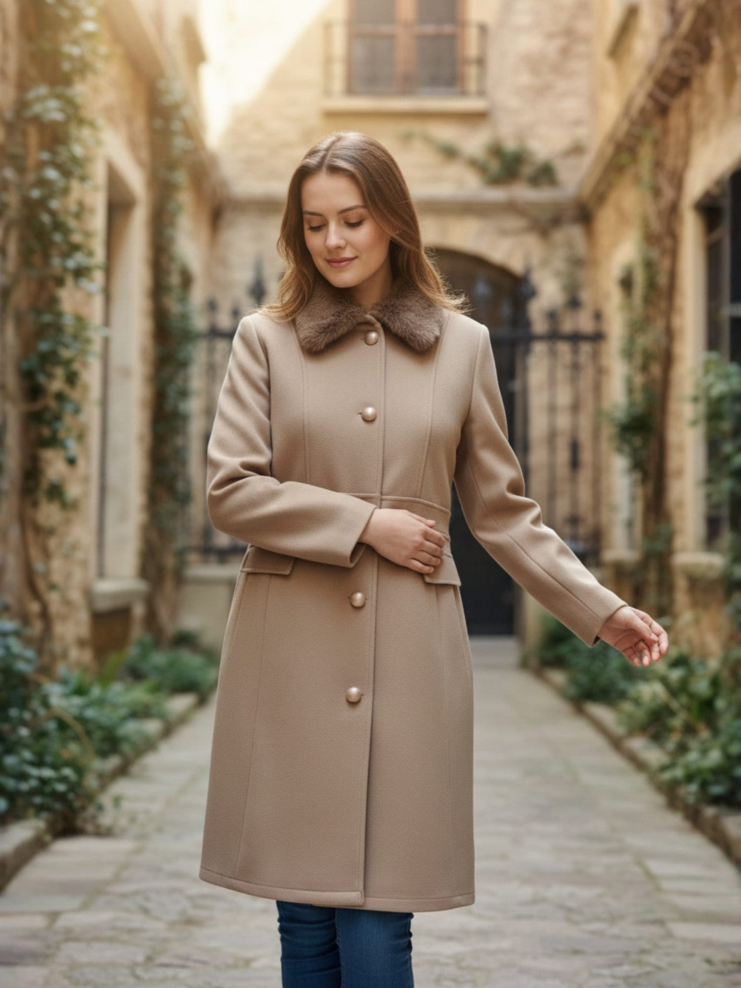 Excent Women’s Woollen Tweed Coat with Faux Fur Collar – Elegant Winter Coat | Camel Beige | Sizes S–XL