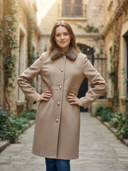 Excent Women’s Woollen Tweed Coat with Faux Fur Collar – Elegant Winter Coat | Camel Beige | Sizes S–XL