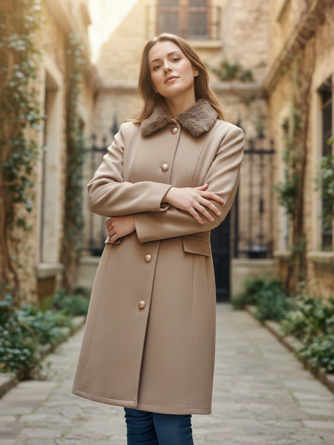 Woman wearing a beige coat with a fur collar in an outdoor setting