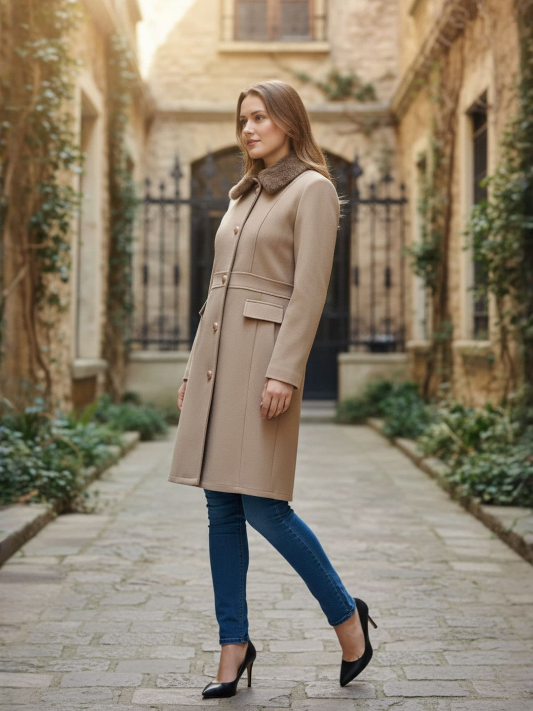 Woman wearing a beige coat and blue jeans walking in an outdoor setting.