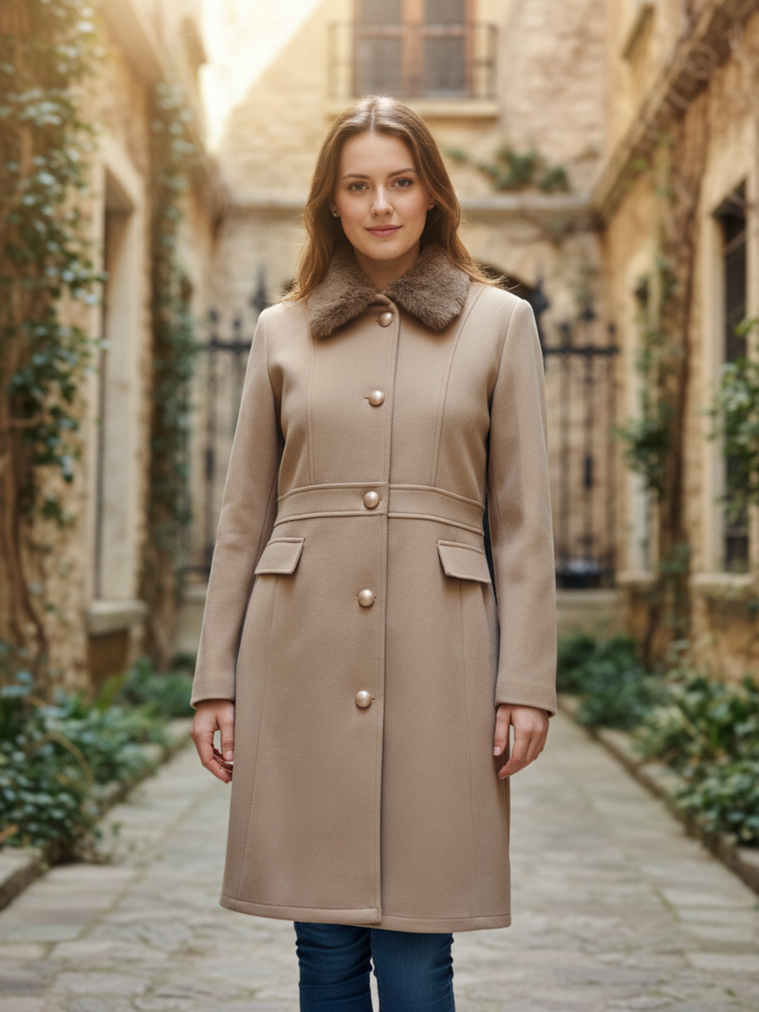 Woman wearing a beige coat with a fur collar in an outdoor setting
