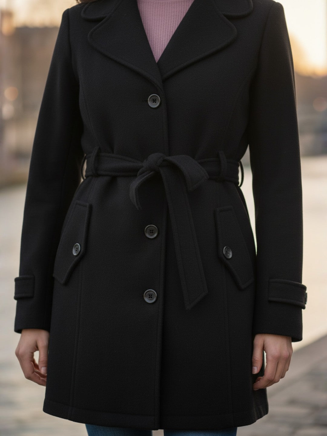 Excent Women’s Woollen Tweed Belted Coat – Classic Long Winter Jacket in Black| Elegant Warm Overcoat for Women