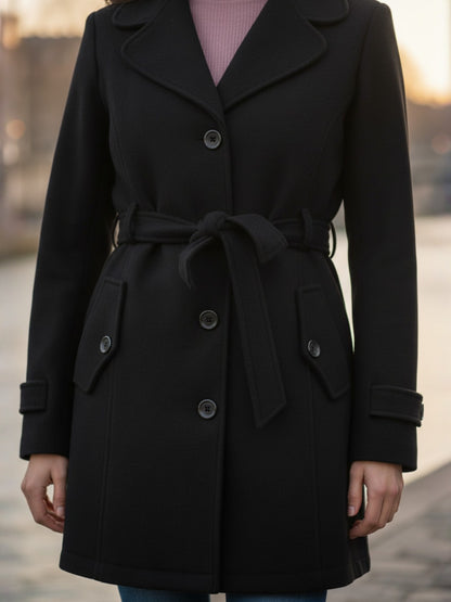 Excent Women’s Woollen Tweed Belted Coat – Classic Long Winter Jacket in Black| Elegant Warm Overcoat for Women