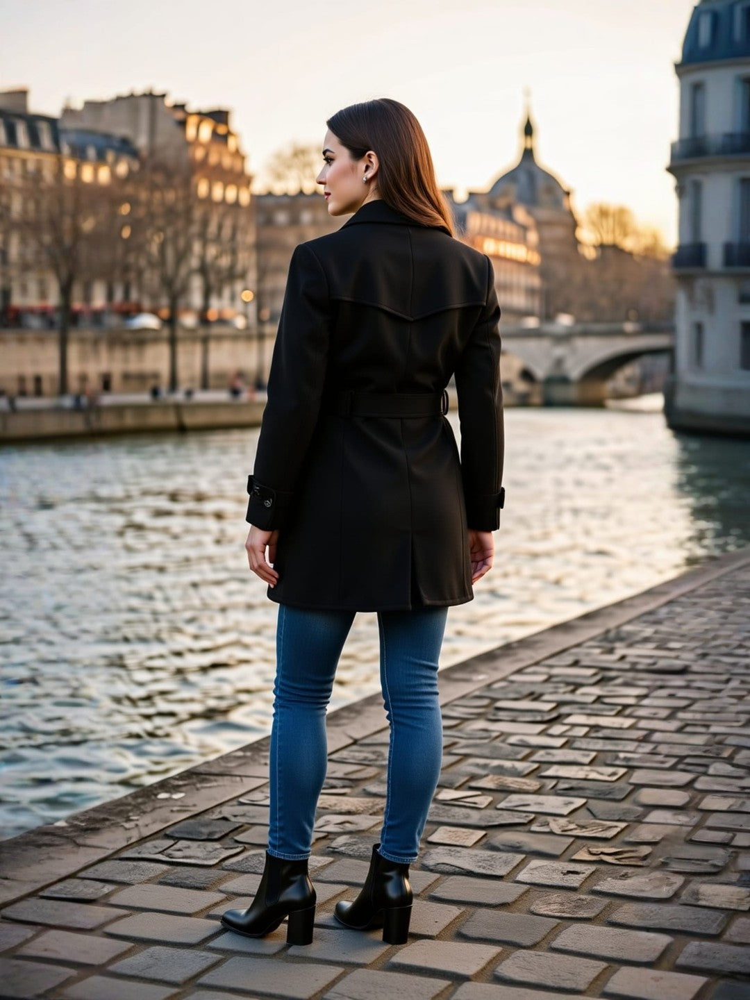 Excent Women’s Woollen Tweed Belted Coat – Classic Long Winter Jacket in Black| Elegant Warm Overcoat for Women