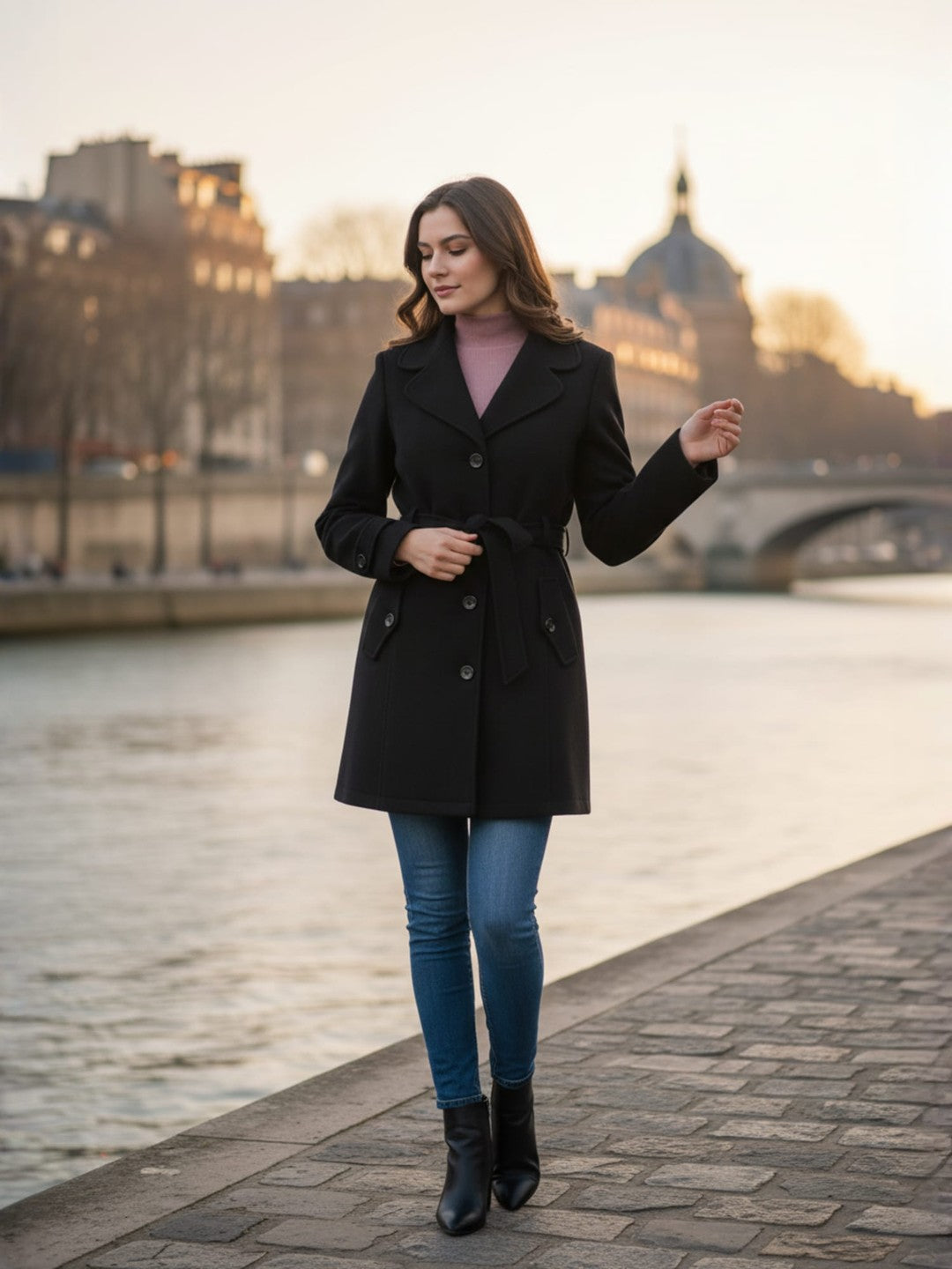 Excent Women’s Woollen Tweed Belted Coat – Classic Long Winter Jacket in Black| Elegant Warm Overcoat for Women