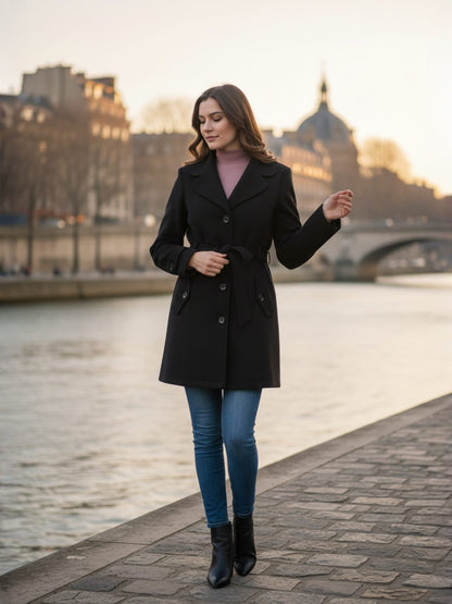 Excent Women’s Woollen Tweed Belted Coat – Classic Long Winter Jacket in Black| Elegant Warm Overcoat for Women