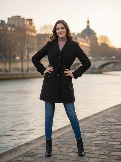 Excent Women’s Woollen Tweed Belted Coat – Classic Long Winter Jacket in Black| Elegant Warm Overcoat for Women