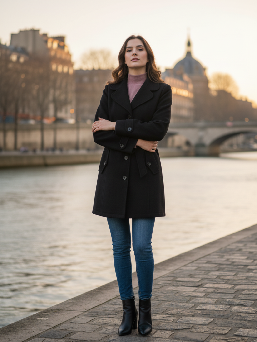 Excent Women’s Woollen Tweed Belted Coat – Classic Long Winter Jacket in Black| Elegant Warm Overcoat for Women