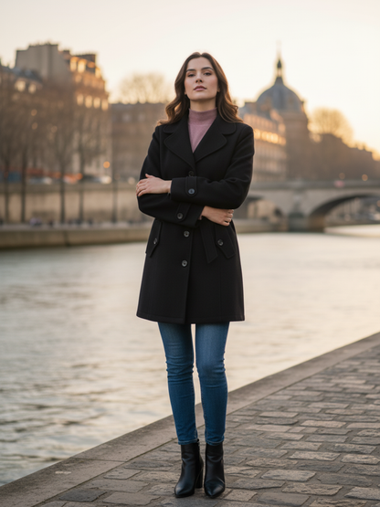 Excent Women’s Woollen Tweed Belted Coat – Classic Long Winter Jacket in Black| Elegant Warm Overcoat for Women